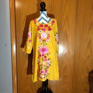 3/4 Sleeve Yellow Dress w/ Embroidered Flowers